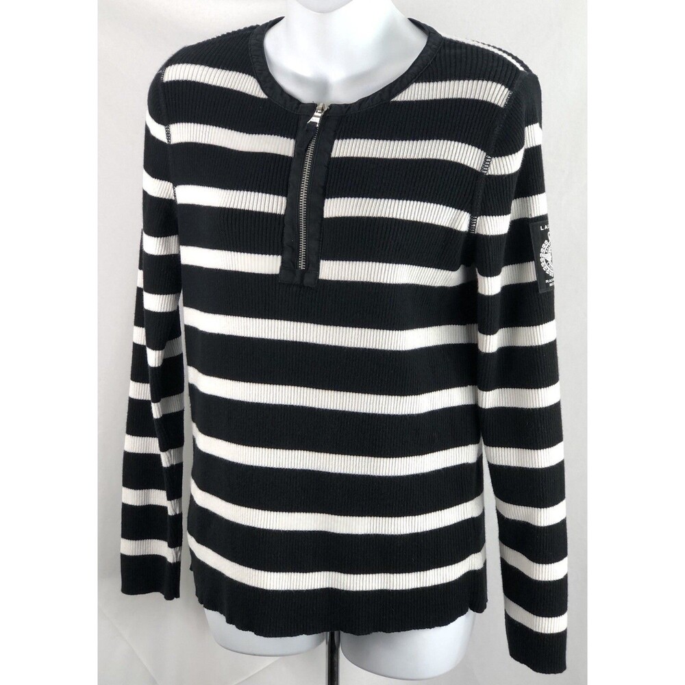 Vintage Ralph Lauren Sweater L Blk/Wht Stripe 1/2 Zip Racing Team Patch Henley